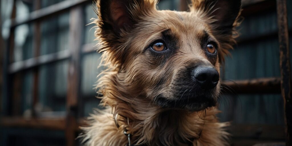 Un chiot regarde la caméra avec un regard triste, assis devant une maison abandonnée. Un chiot regarde la caméra avec un regard triste, assis devant une maison abandonnée.