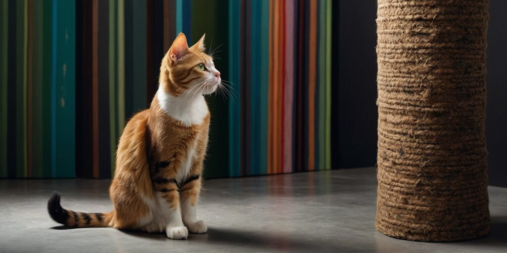 Un chat jouant sur un arbre à chat évolutif avec un tunnel et des plateformes à différentes hauteurs. Il est en train de grimper sur un poteau recouvert de sisal et de jouer avec un jouet suspendu.