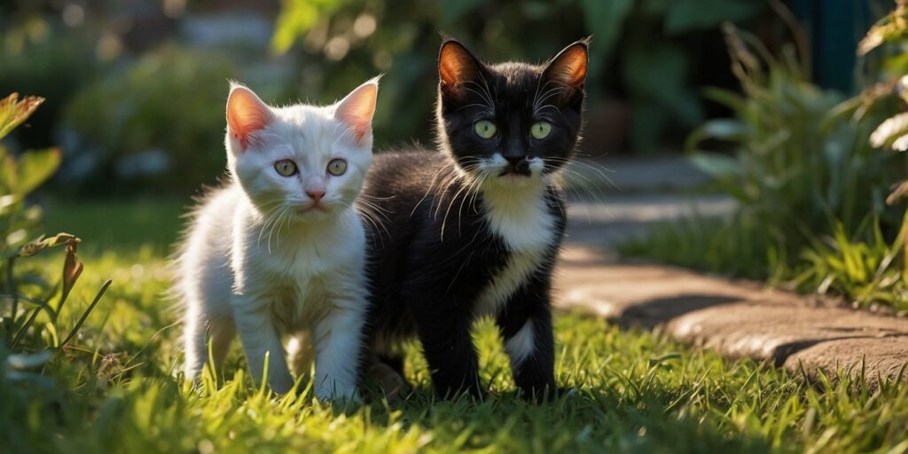 Une photo de chats jouant ensemble dans un jardin ensoleillé.