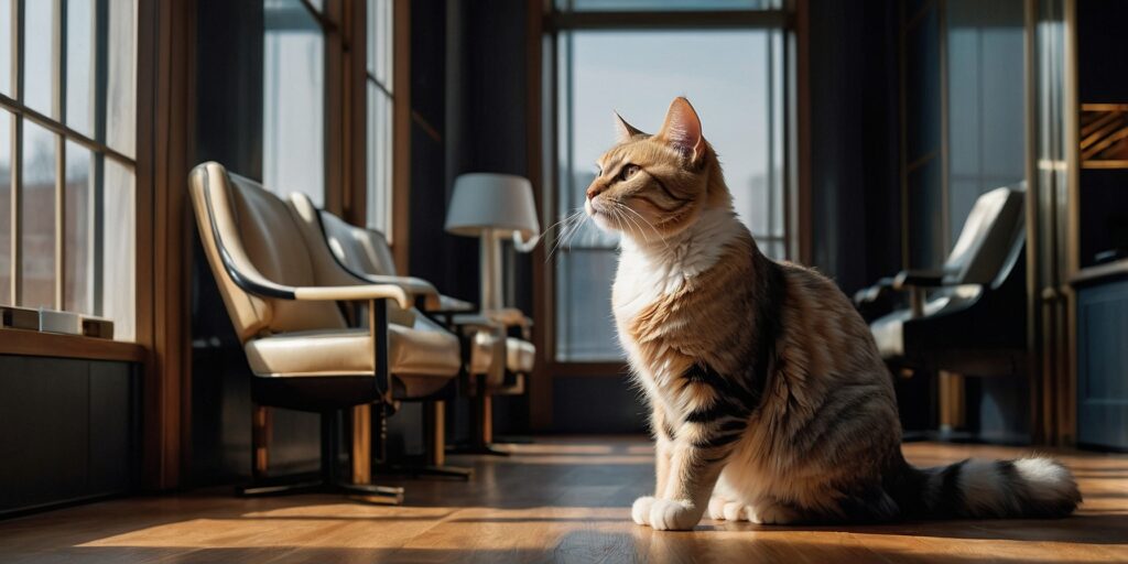 Photo d'un chat bien toiletté en train de se faire brosser par un toiletteur professionnel dans un salon propre et accueillant.