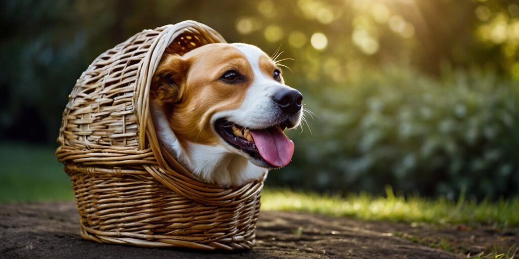 Un chien heureux souriant avec des dents blanches et brillantes, assis à côté d'un panier de friandises dentaires pour chiens.