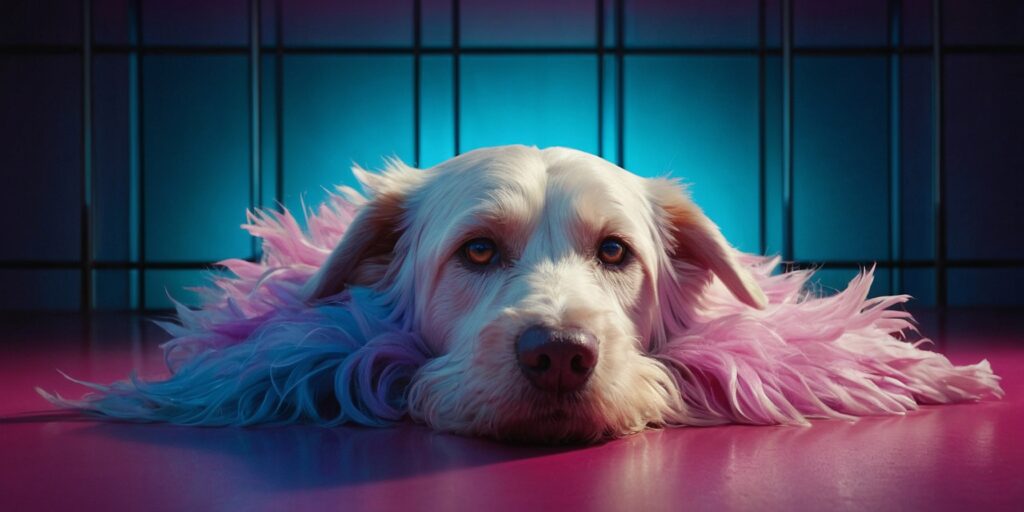 Un chien avec une coupe Funky Cut aux couleurs vives et des motifs géométriques.