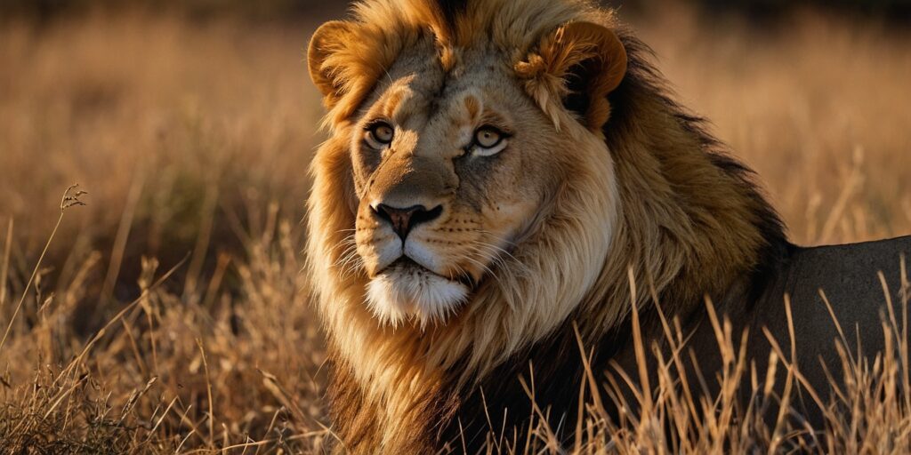 Un lion adulte se léchant la fourrure dans la savane africaine.