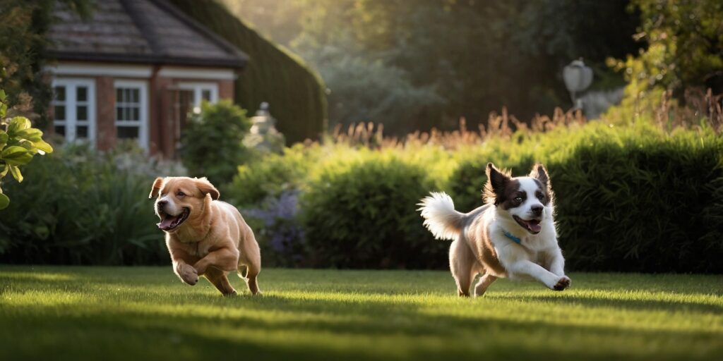 Un chiot jouant avec une balle, un chien de race sportive courant, un chien senior dormant dans un panier, un Chihuahua et un Saint-Bernard côte à côte.