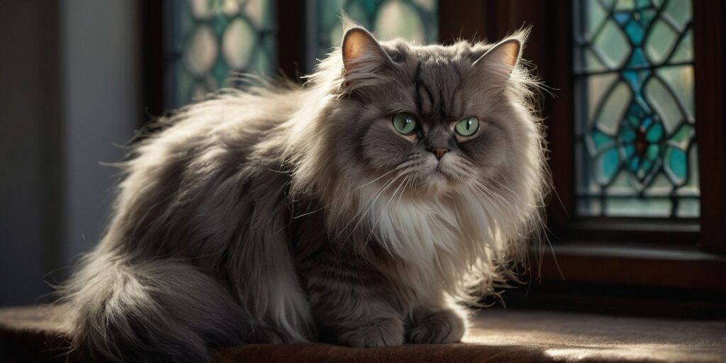 Un chat Persan avec des poils longs et épais qui nécessite un toilettage régulier.
