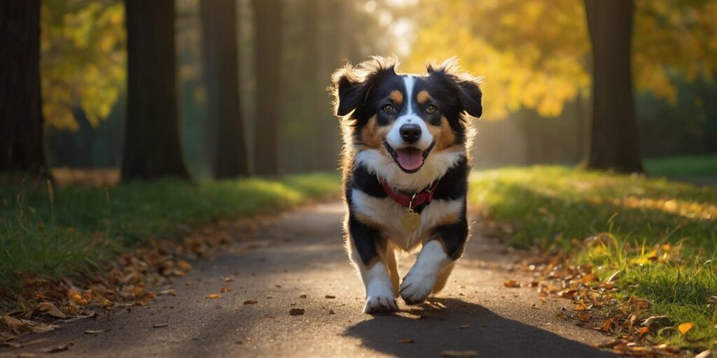 Une image de chien heureux en promenade, portant un collier avec une médaille et une puce électronique, souriant à la caméra.