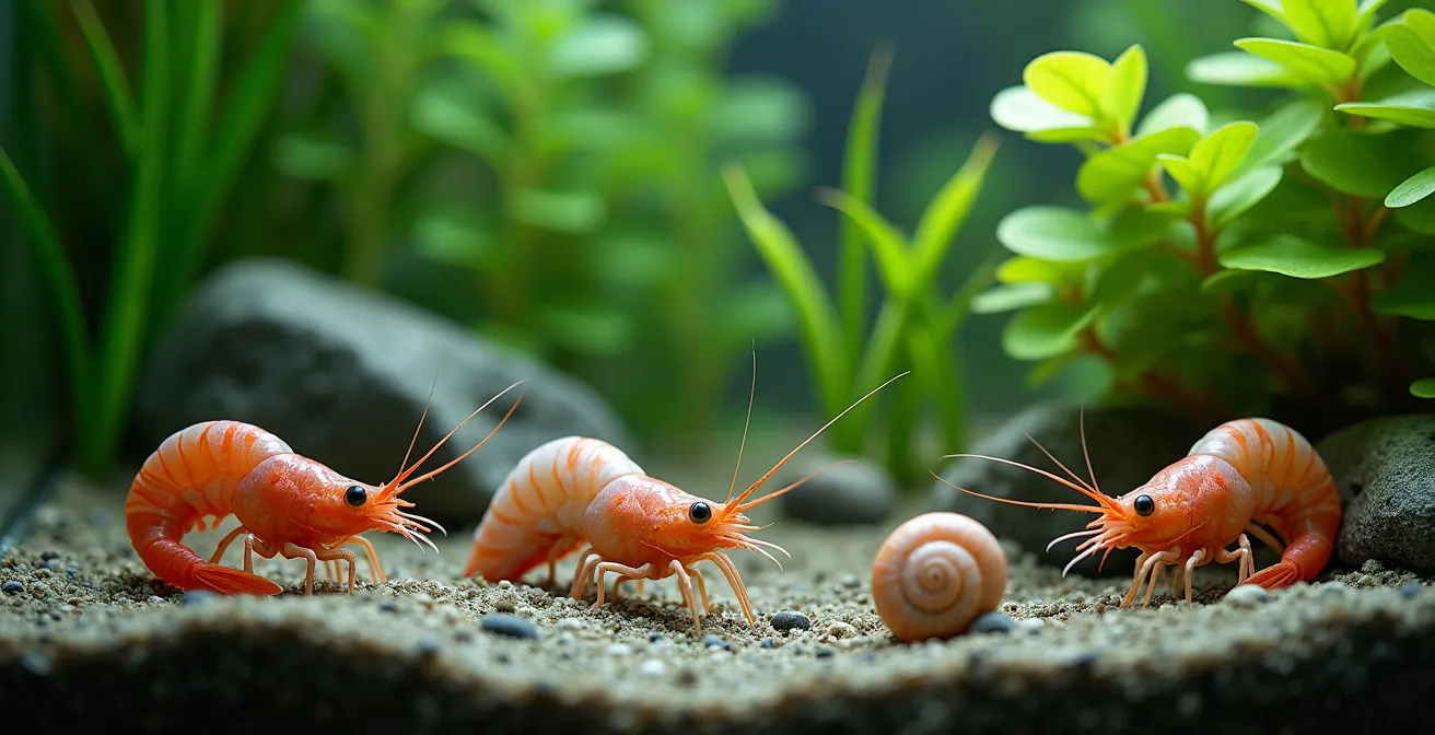 Photographie réaliste d’un décor d’aquarium avec crevettes, escargots, plantes et roches