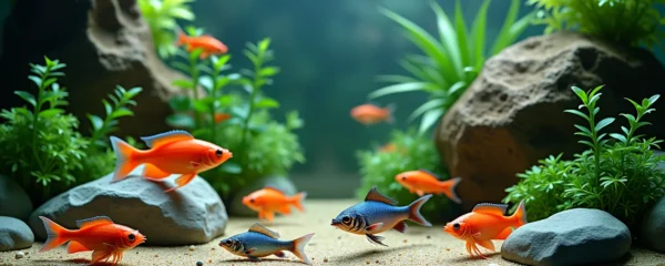 Vue réaliste d'un aquarium avec poissons colorés, crevettes, plantes et roches équilibrés dans un écosystème harmonieux sans texte ni logo