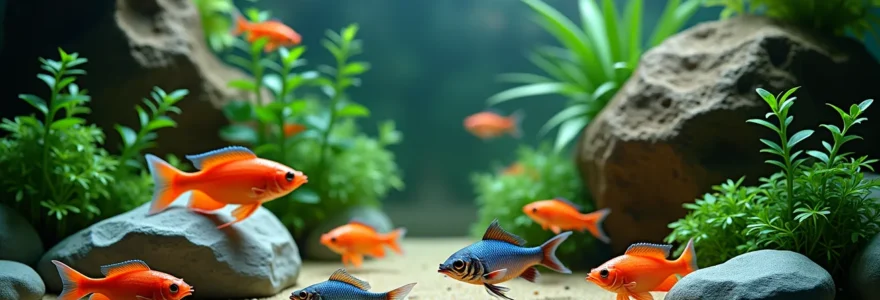 Vue réaliste d'un aquarium avec poissons colorés, crevettes, plantes et roches équilibrés dans un écosystème harmonieux sans texte ni logo