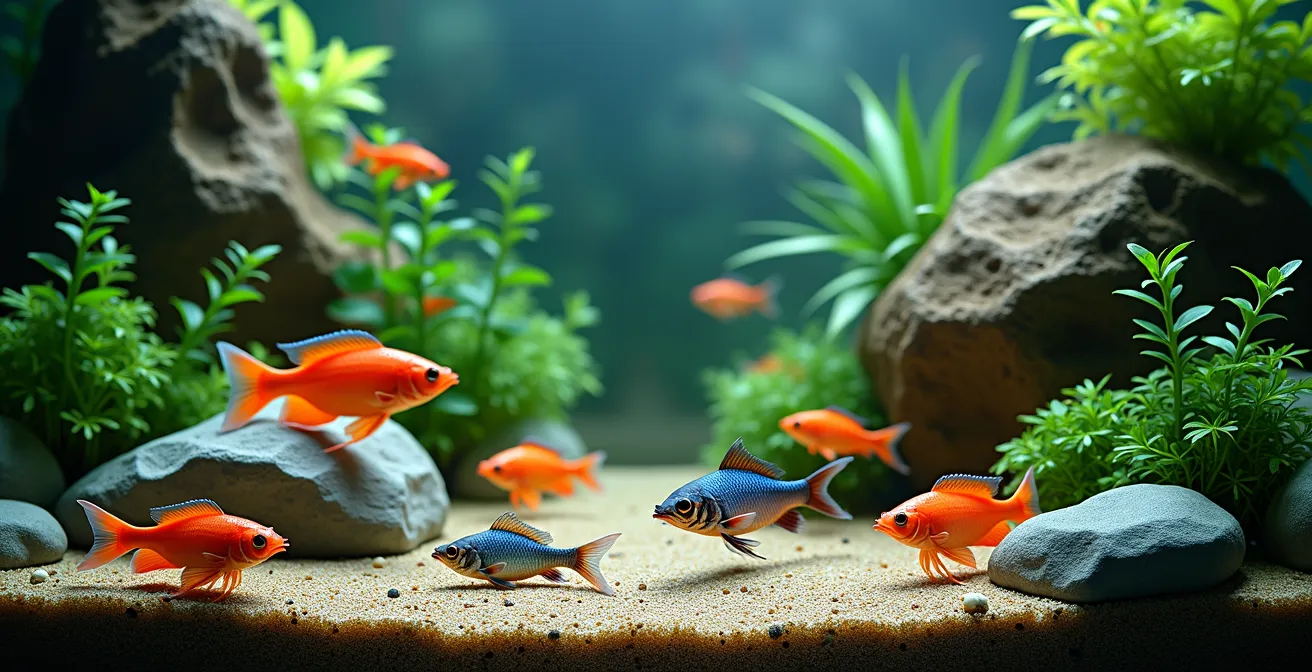Vue réaliste d'un aquarium avec poissons colorés, crevettes, plantes et roches équilibrés dans un écosystème harmonieux sans texte ni logo